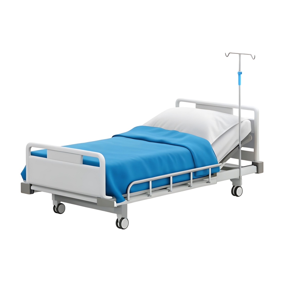 Modern Hospital Bed with Blue Bedding and IV Pole 3D Render png