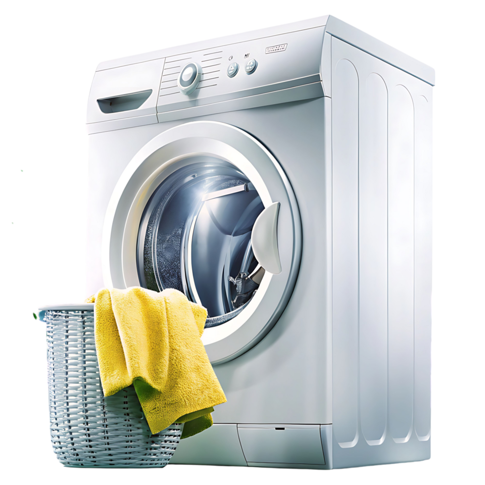 Modern White Washing Machine with Yellow Towel in Laundry Basket png