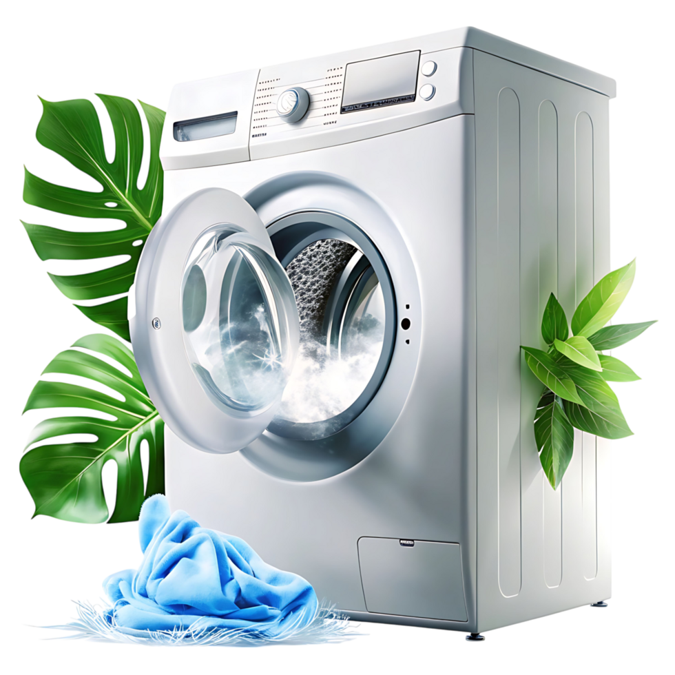 Modern Front Load Washing Machine with Tropical Leaves and Clean Blue Clothing png