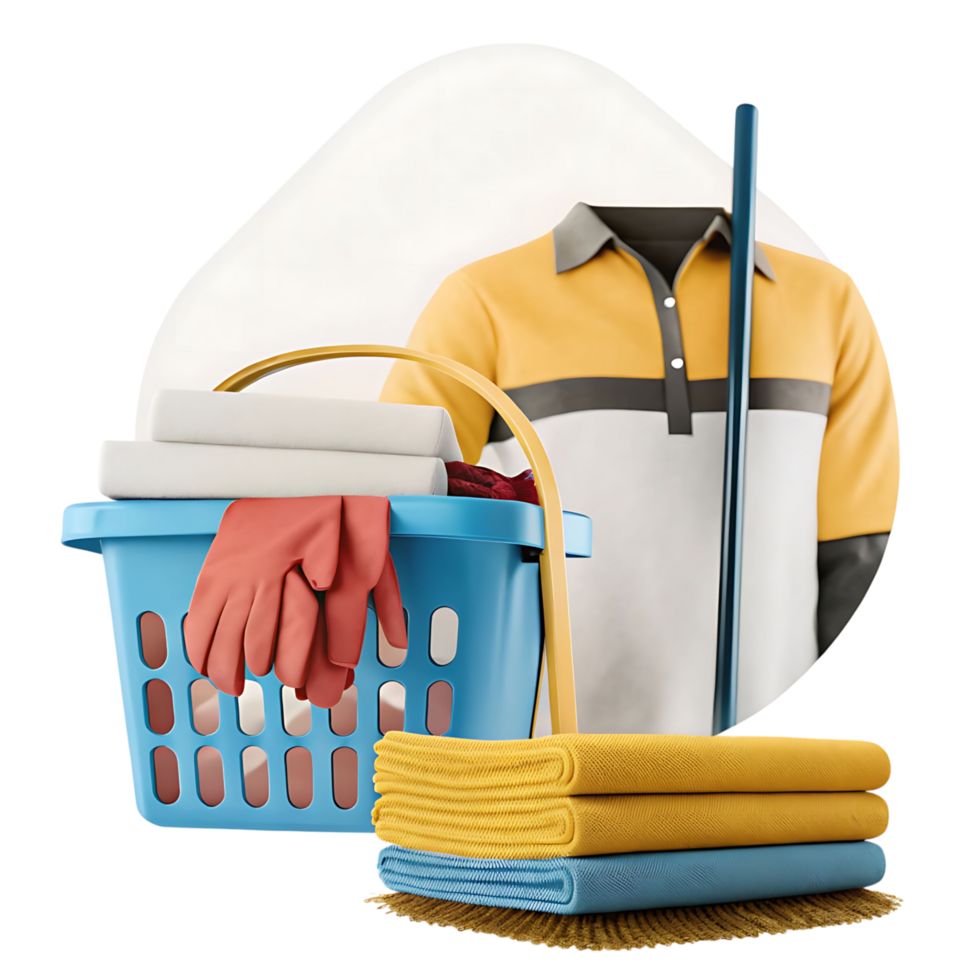 Cleaning Supplies and Laundry in a Colorful Scene with a Janitor Uniform png