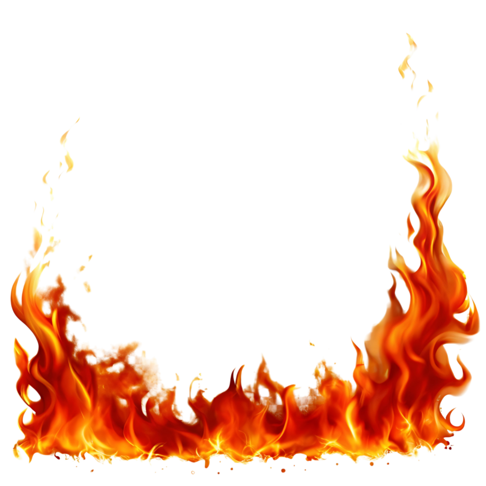 Fiery orange and yellow flames burning intensely against a transparent background creating a vibrant and dynamic border png