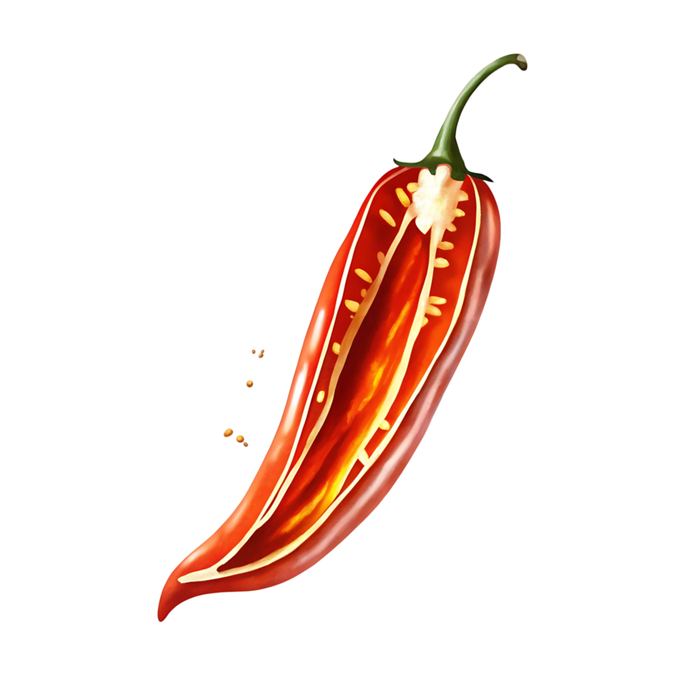 A vibrant red chili pepper sliced open revealing seeds and inner membranes against a transparent background a detailed of a spicy ingredient png