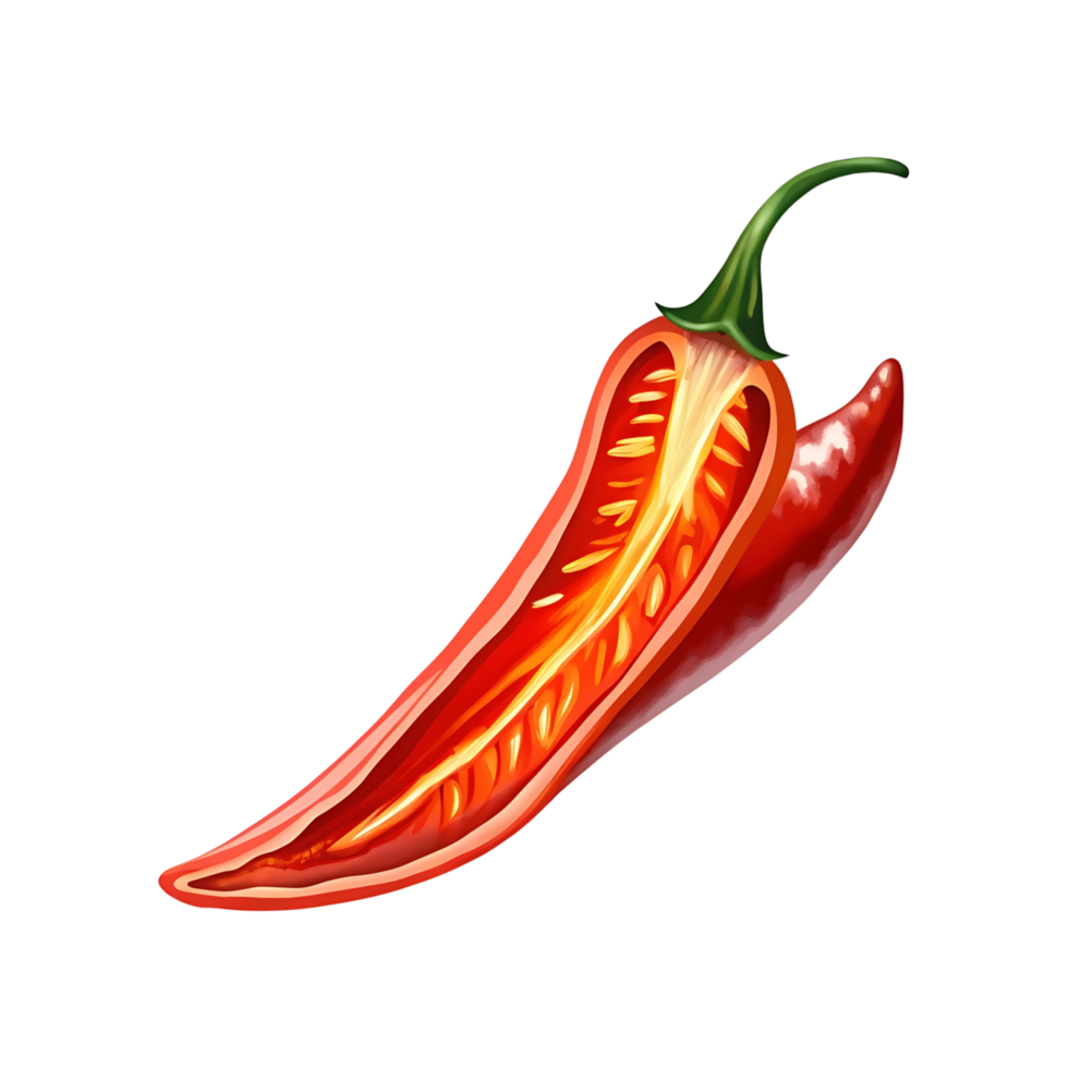 A vibrant red chili pepper cut in half revealing its inner seeds and membranes against a transparent background png
