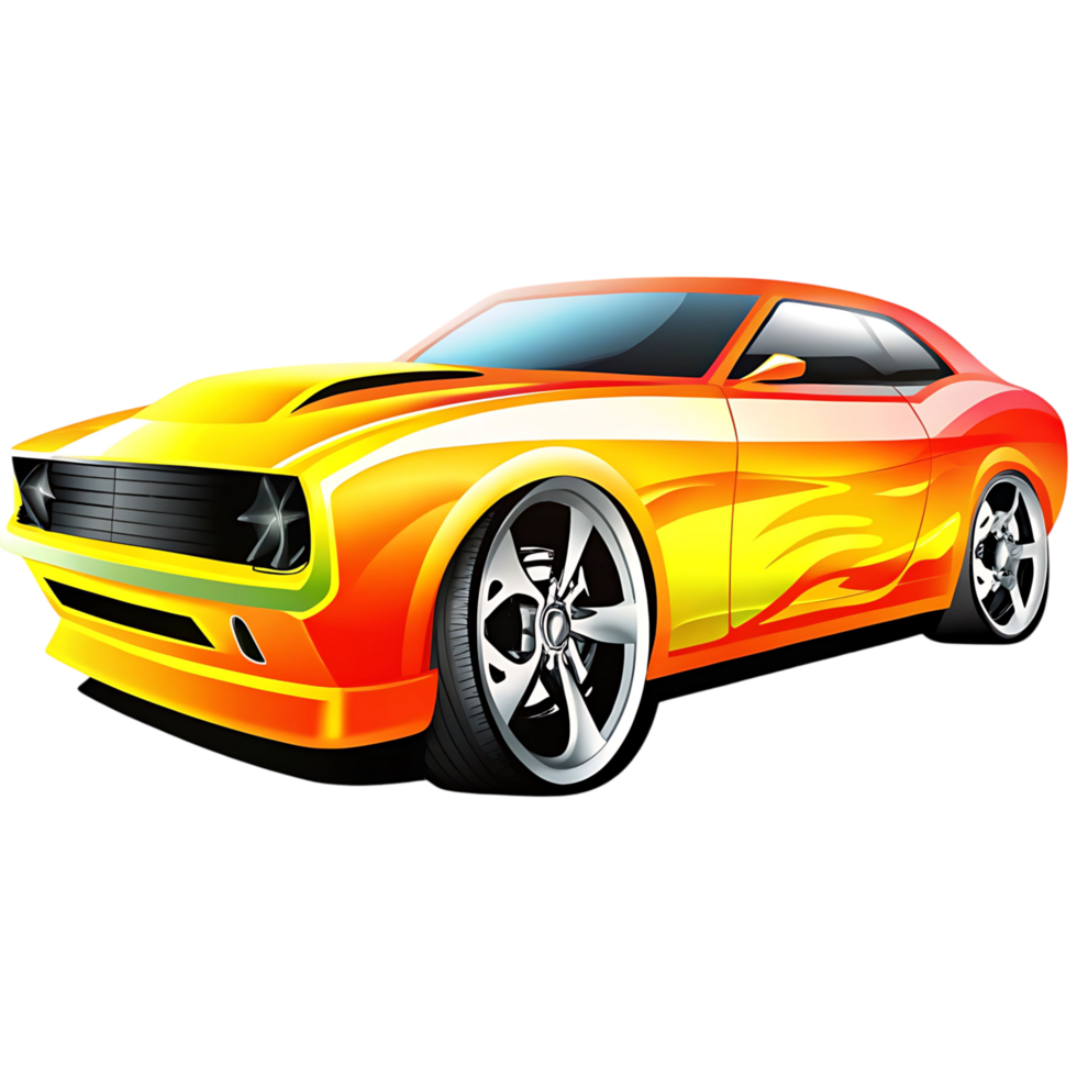 Fiery Orange Muscle Car with Custom Flames and Racing Stripes Design png