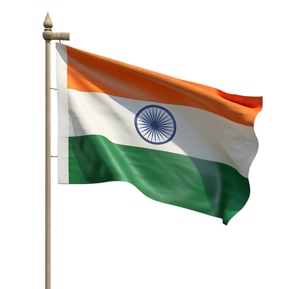 The Indian National Flag Waving on a Flagpole Against a transparent Background A Stunning 3D Render of Indias Tricolour png