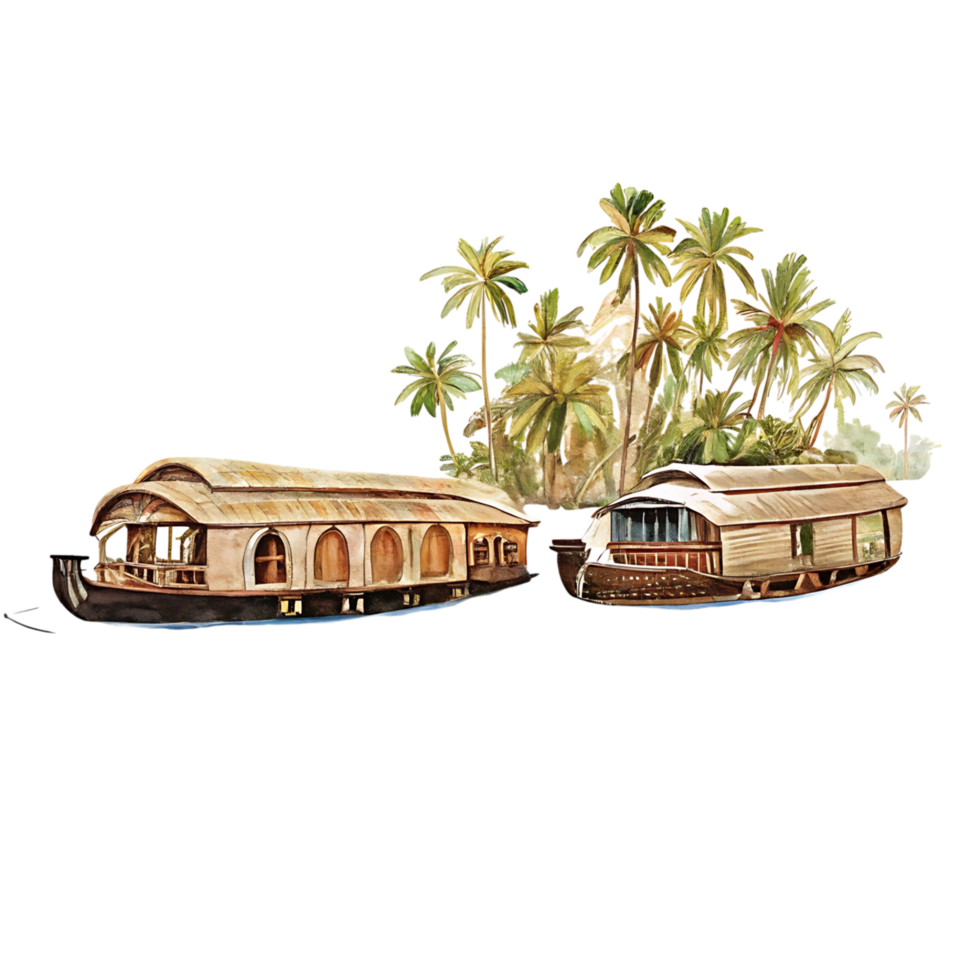 Kerala Backwaters Houseboat Watercolor Painting Tropical Landscape Idyllic Scenery Travel Destination Vacation Getaway Relaxing Scene Palm Trees Lush Greenery Calm Waters png