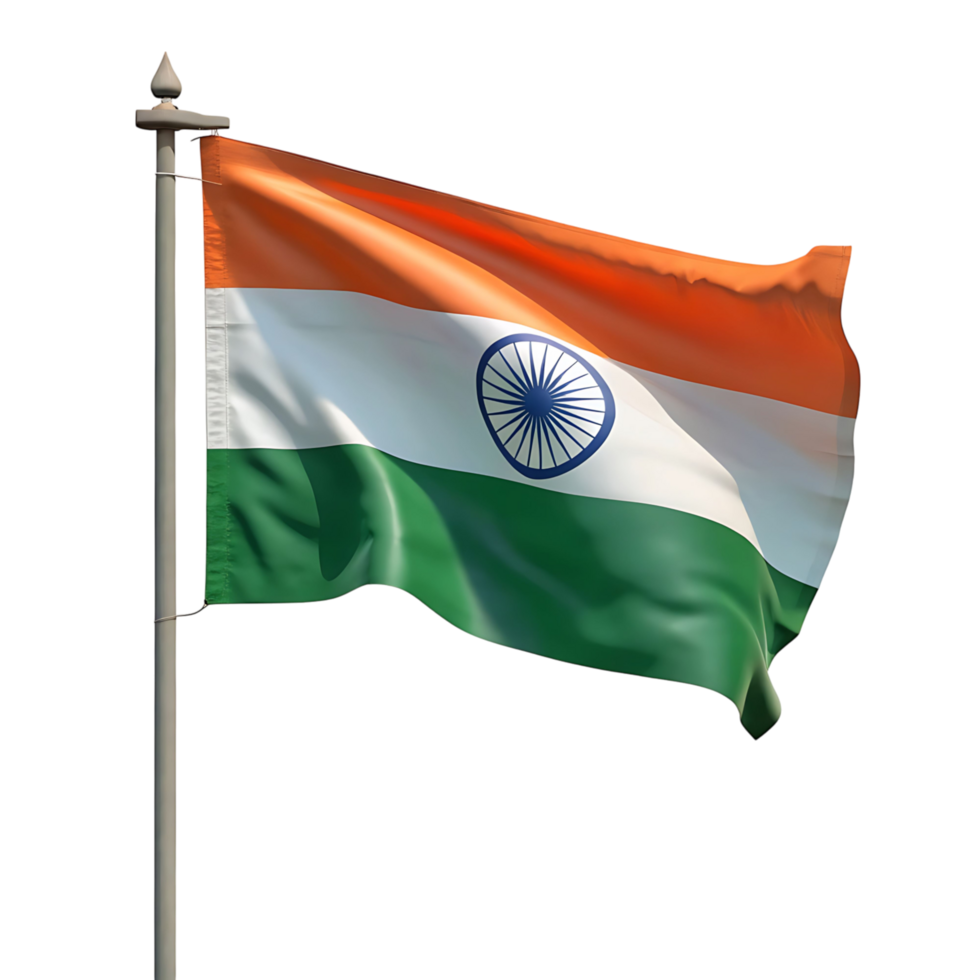 The Indian National Flag Waving on a Flagpole Against a transparent Background a Vibrant Display of Saffron White and Green png