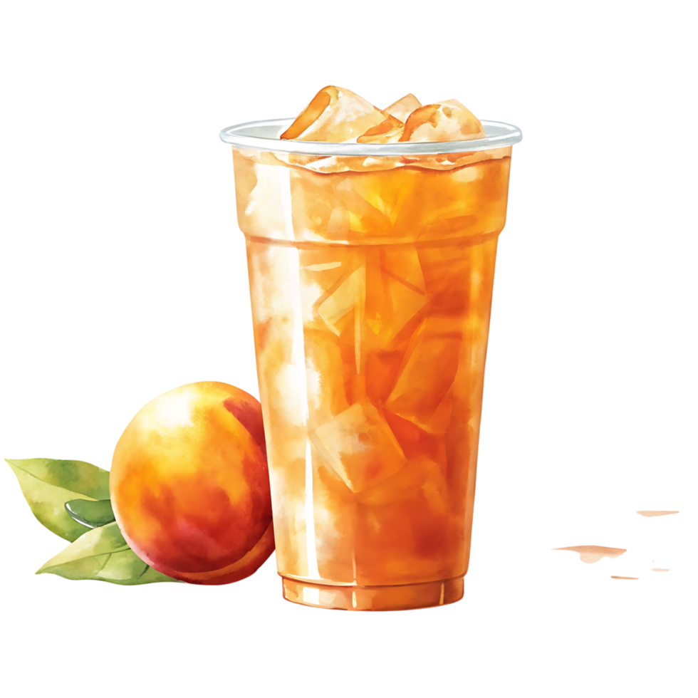 Refreshing Peach Iced Tea with Ice Cubes in a Plastic Cup and Peach Fruit png