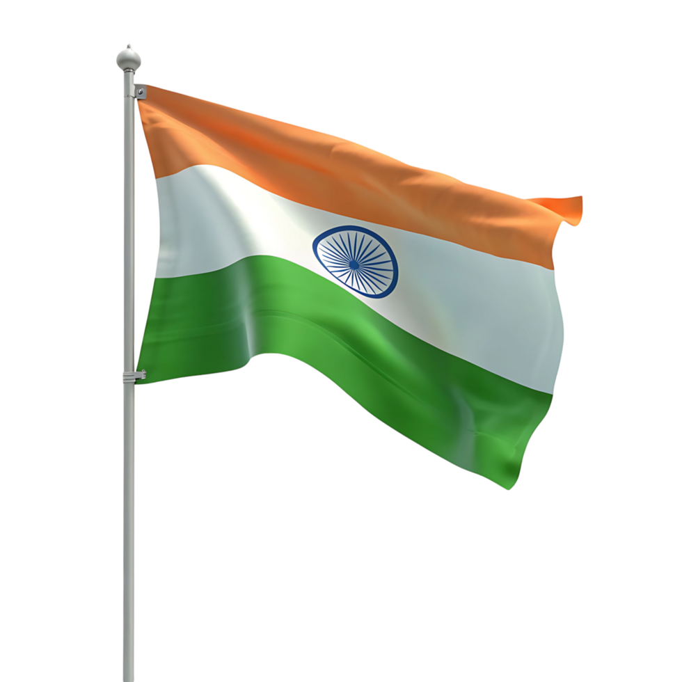 A high resolution of the Indian national flag waving on a flagpole against a transparent background png