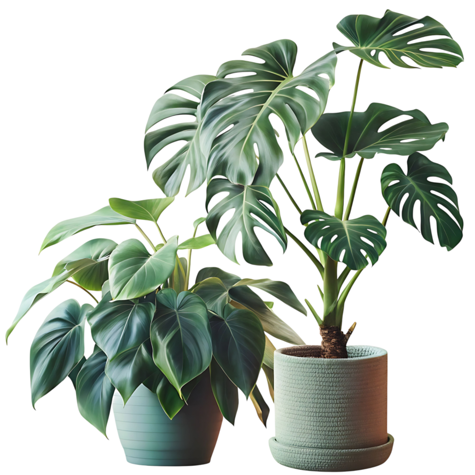 Stunning Pair of Lush Green Monstera and Philodendron Plants in Elegant Light Green Pots Against a transparent Background png