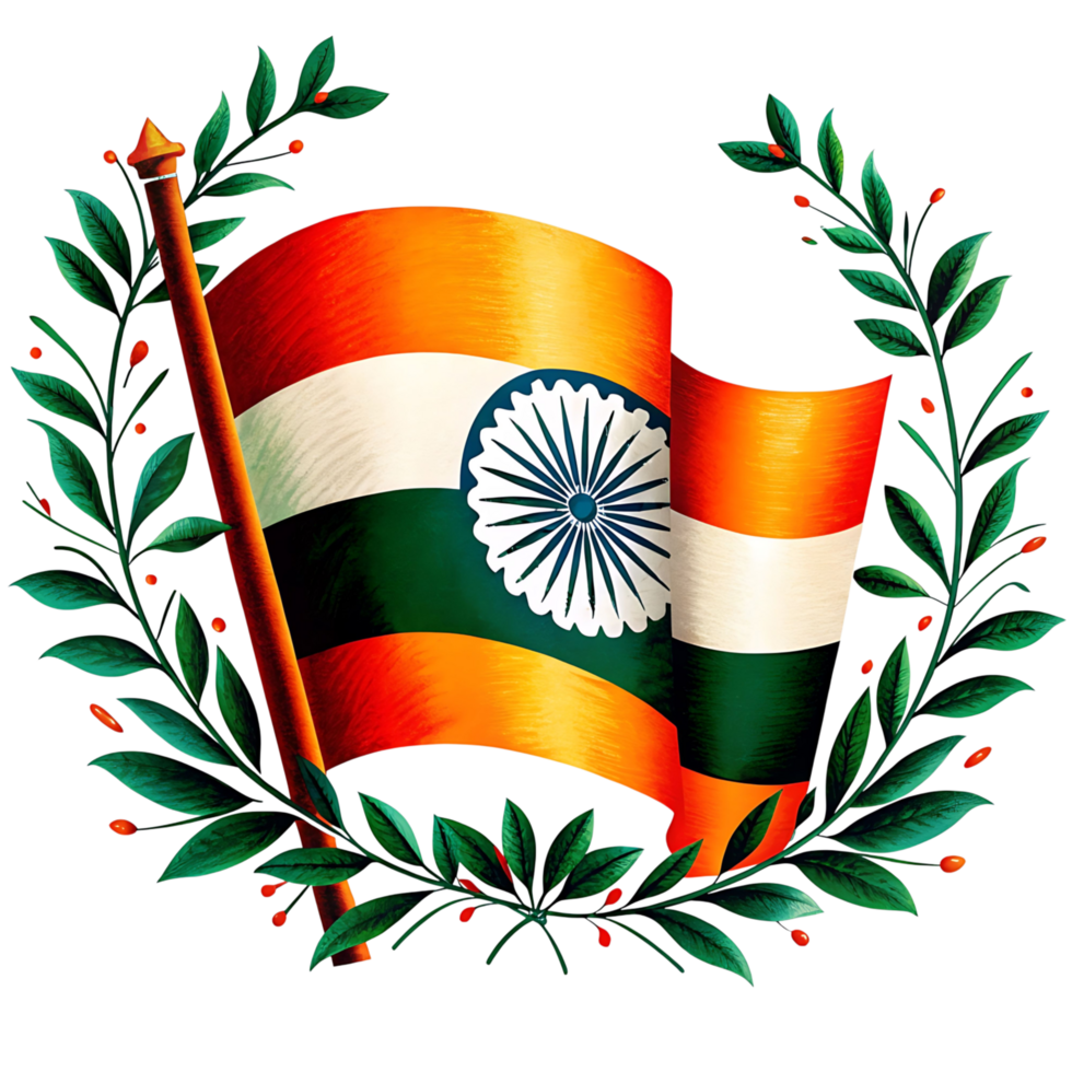 Vibrant Indian Flag with Lush Green Leaves and Berries Celebrating Independence Day png