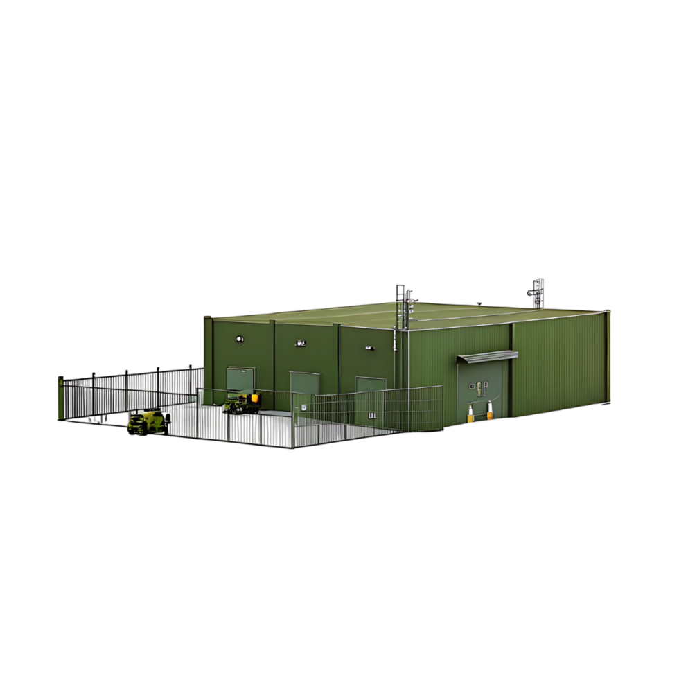 Secluded Green Industrial Building with Fence and Small Vehicle png