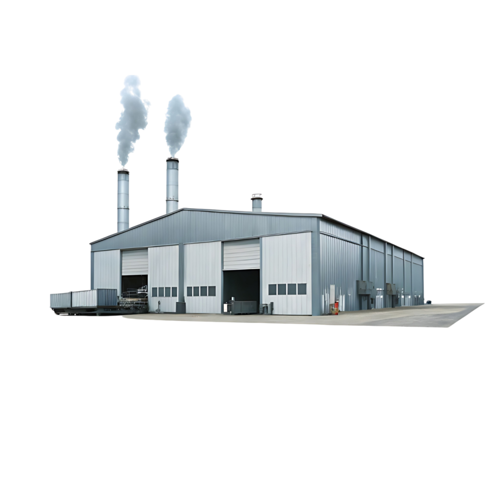 Industrial Building with Two Smokestacks emitting Steam on a transparent Background png