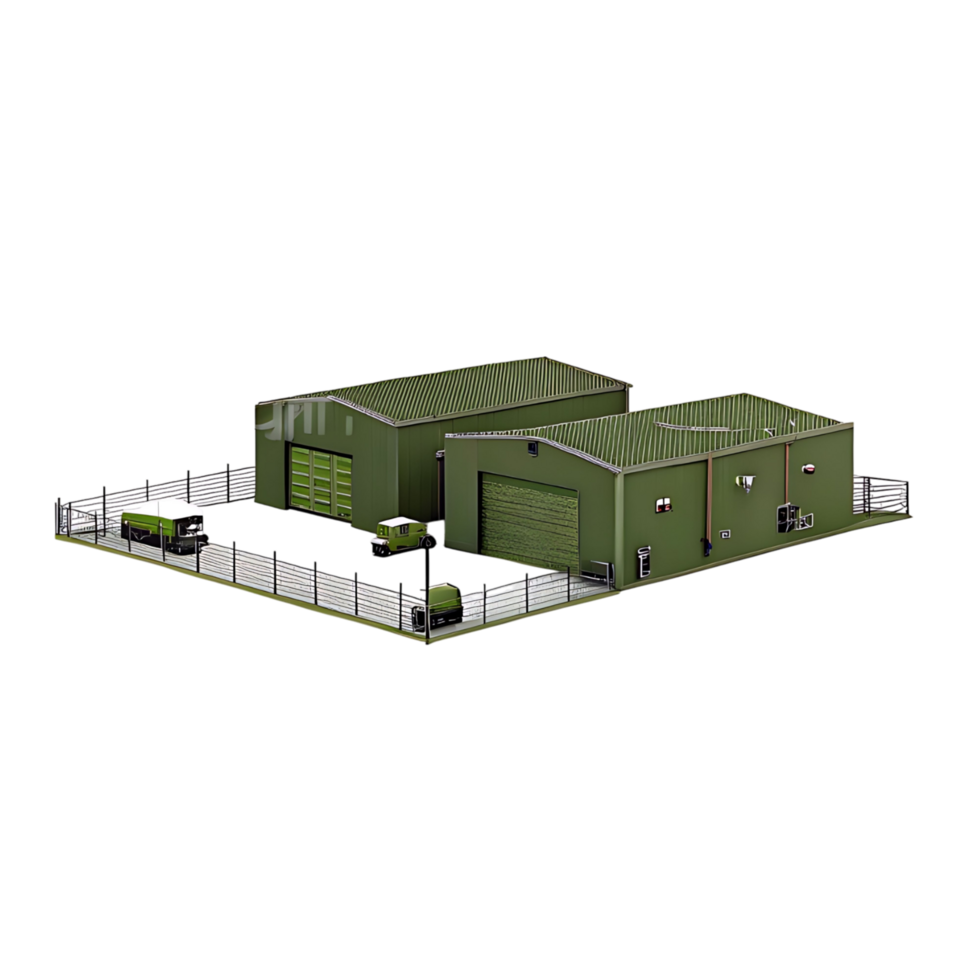 Isometric View of a Military Green Industrial Complex with Vehicles and Fence png