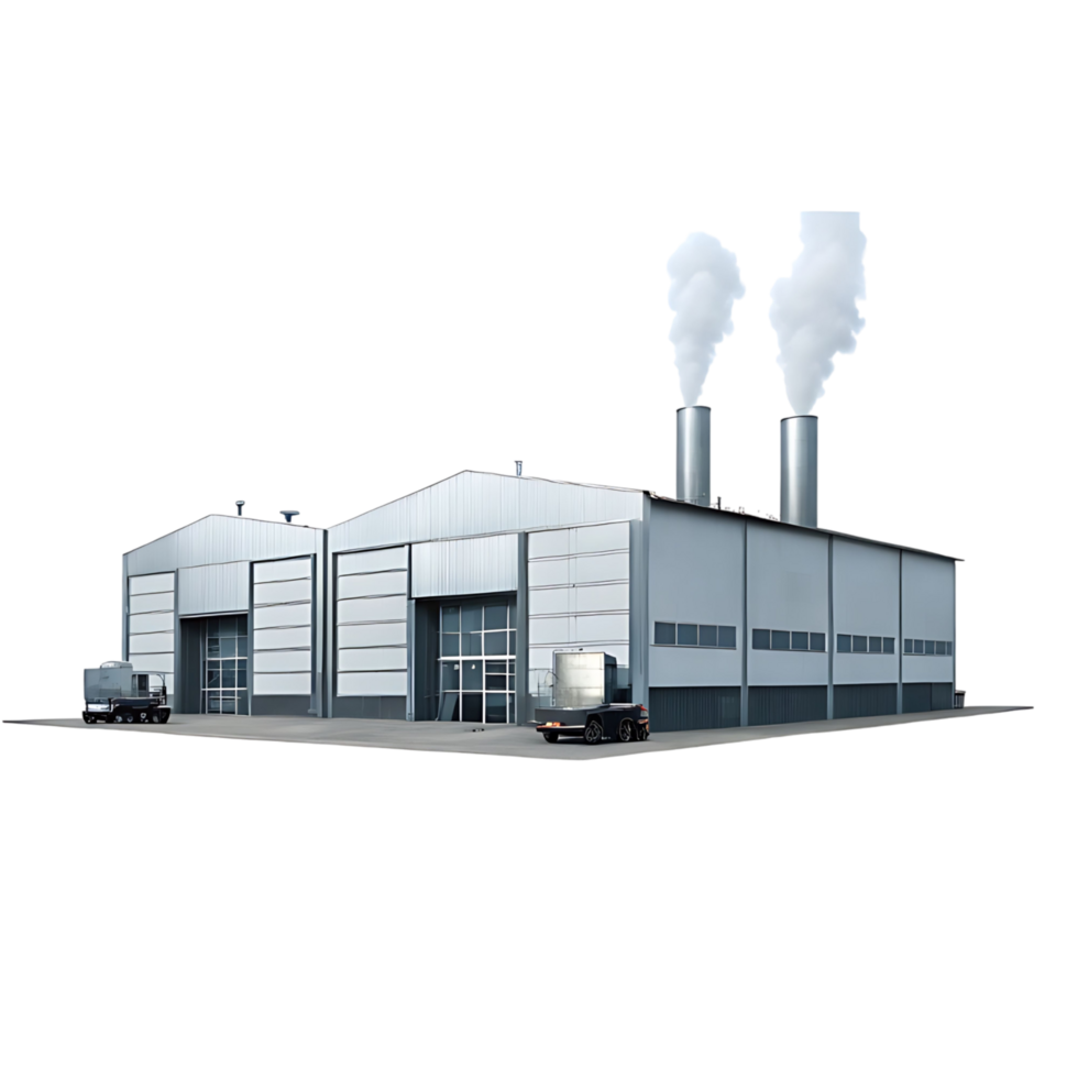 Modern Industrial Factory Building with Two Smokestacks and Delivery Vehicles png