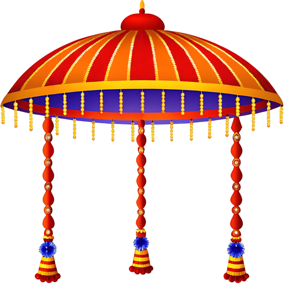 Ornate Red and Gold Indian Wedding Umbrella Canopy with Hanging Decorations png