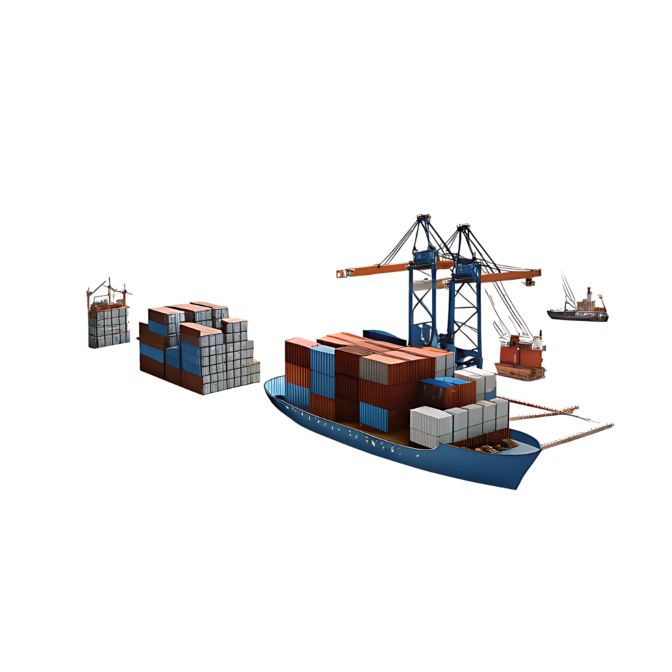 Cargo Ship at Port with Container Cranes and Multiple Containers Being Loaded or Unloaded png