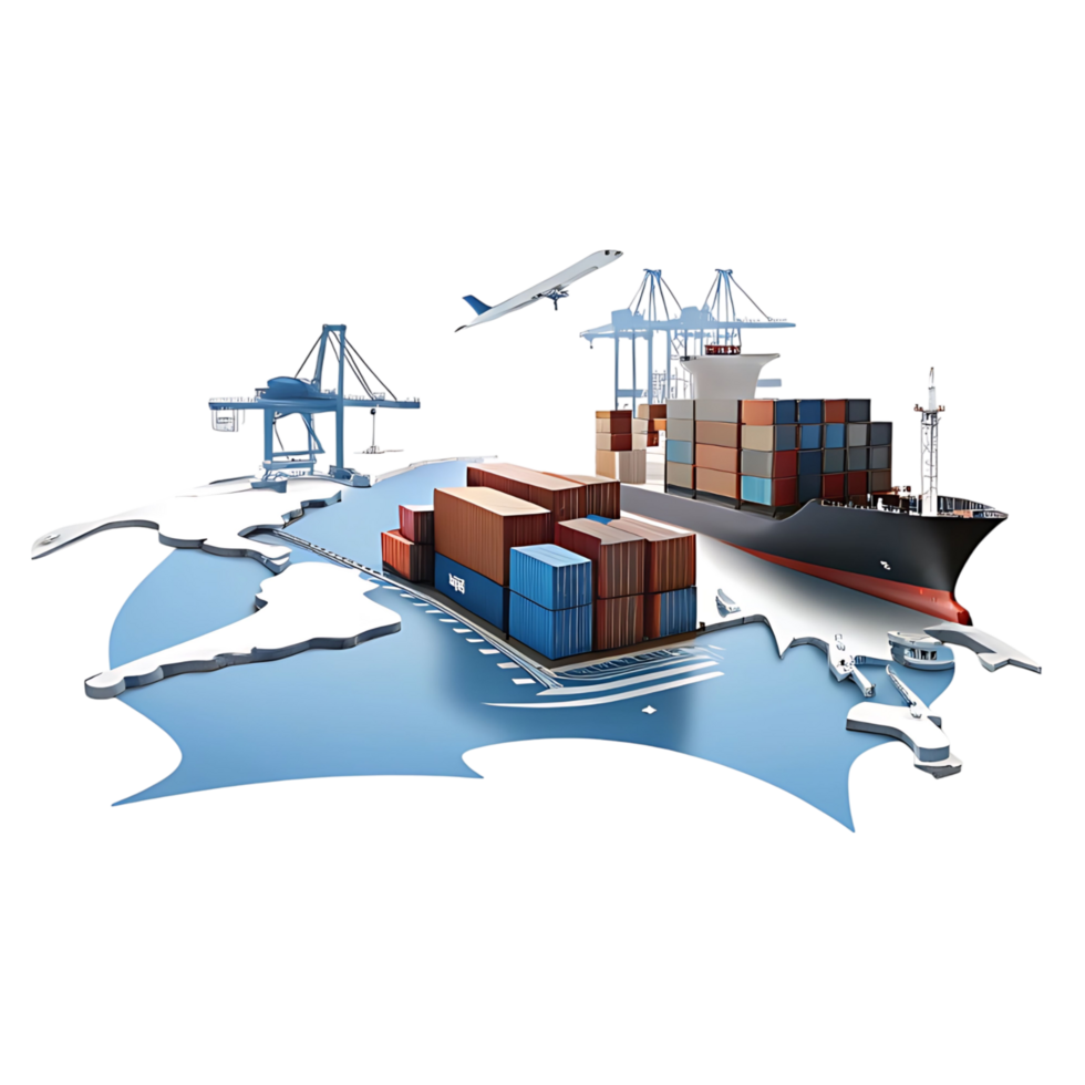 Global Transportation and Logistics Network Showing Cargo Ship Container Freight Airplane and Port Cranes png