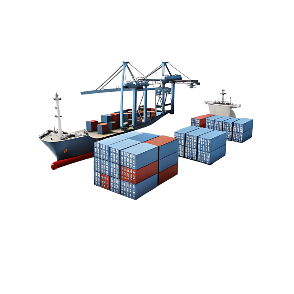 Container Ship at Port with Crane Loading and Unloading Cargo Containers png