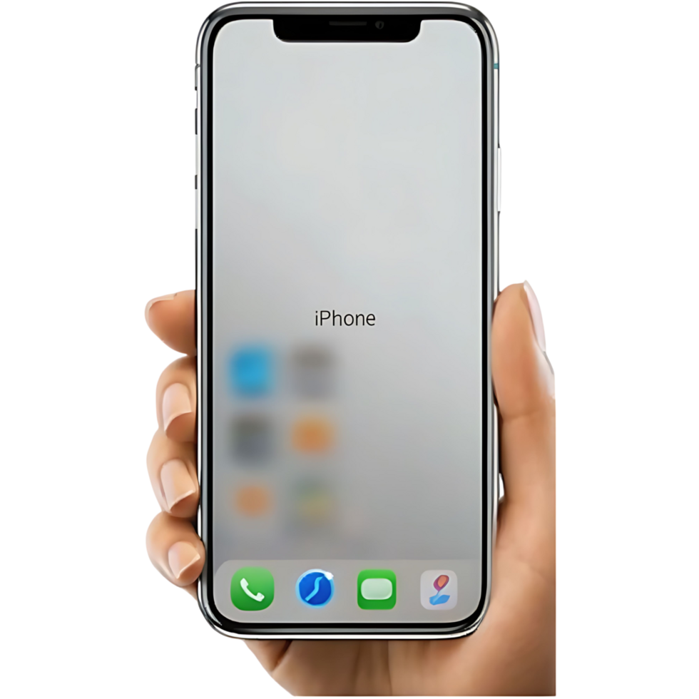 A hand holding a silver iPhone with a blurred home screen showing phone call clock and other app icons png