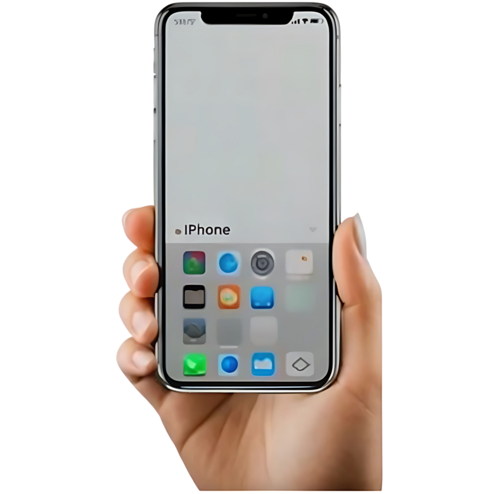 A hand holding a new iPhone with a bright blank screen showing the home screen with various app icons png