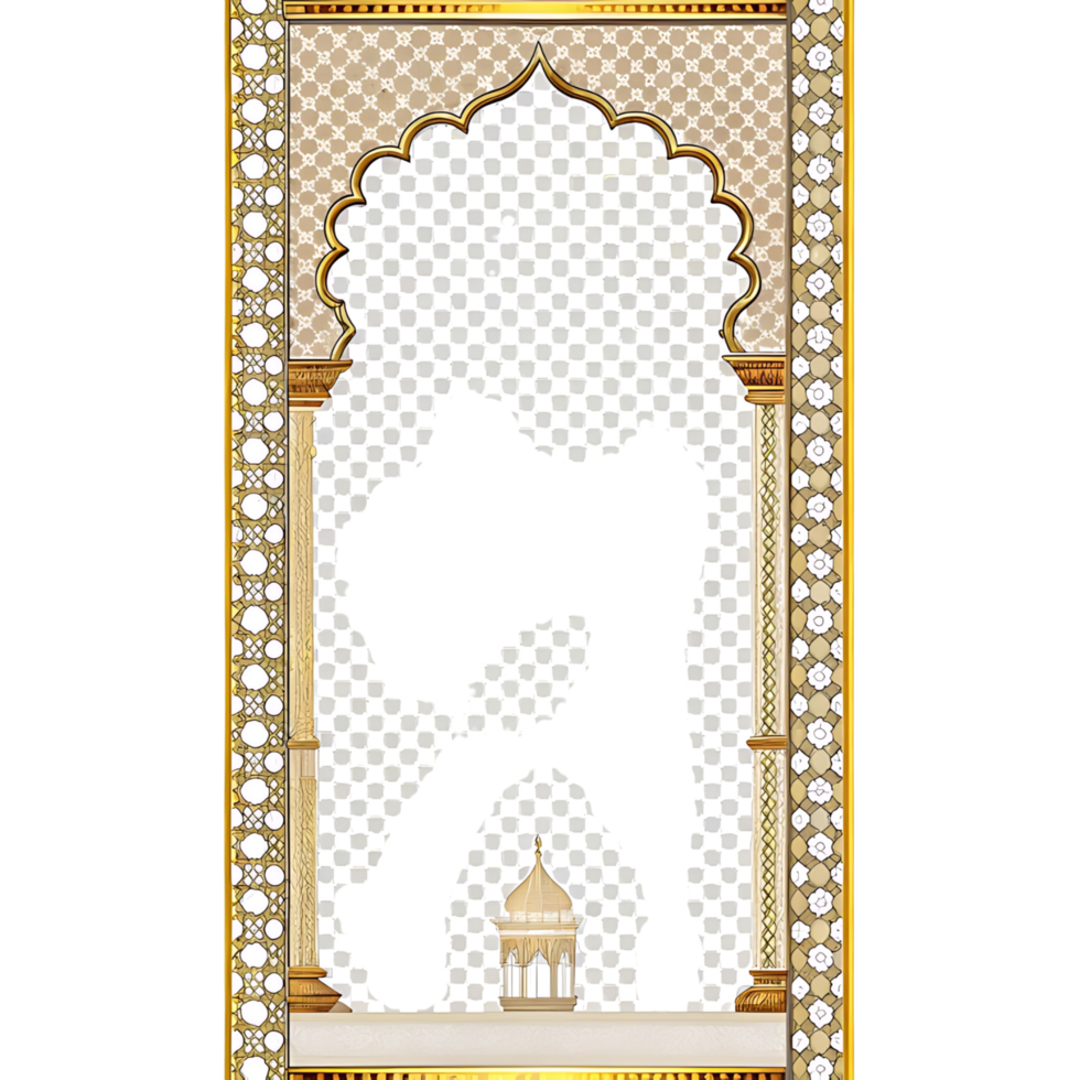 Ornate Golden Archway with Intricate Islamic Design and Silhouette of a Mosque Structure png