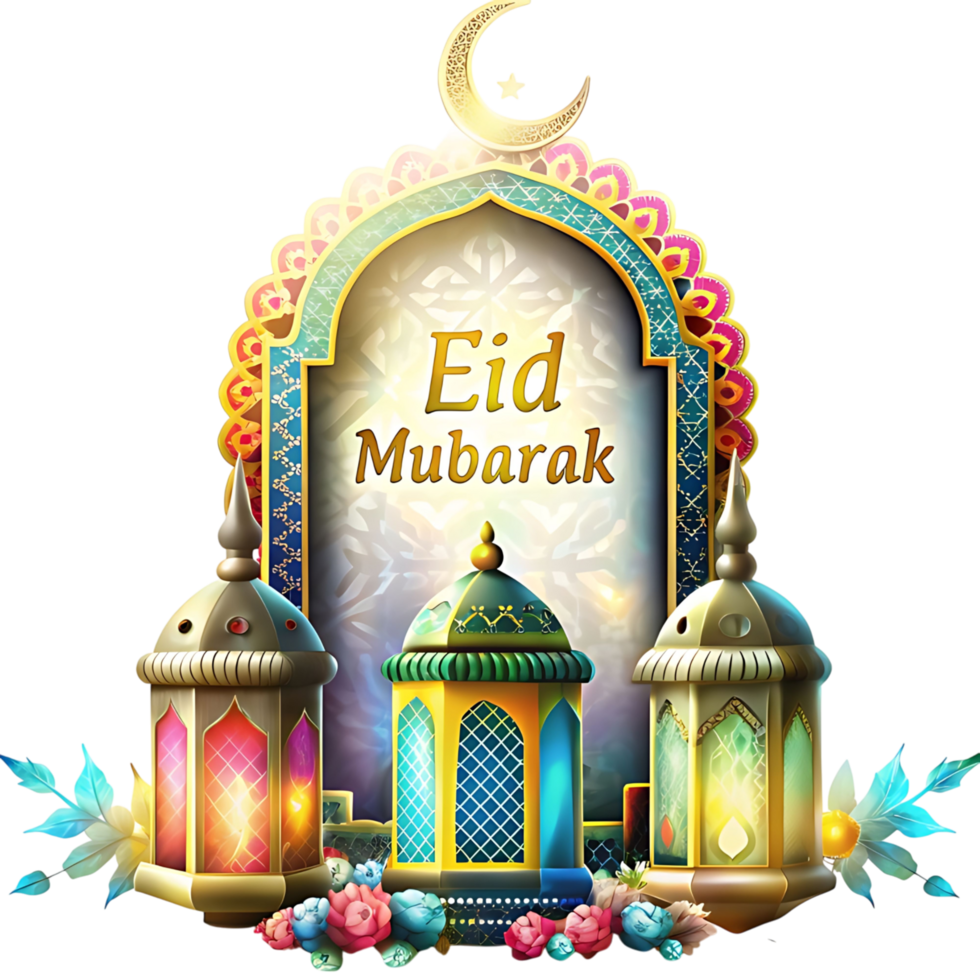 Elegant Eid Mubarak Celebration with Ornate Lanterns and Archway png
