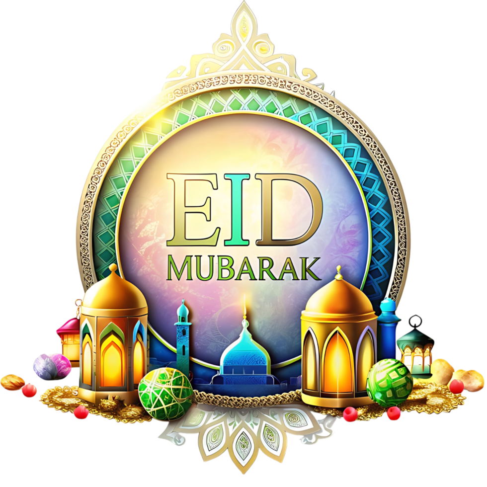 Splendid Eid Mubarak Celebration Greeting Card with Islamic Ornaments and Lanterns png