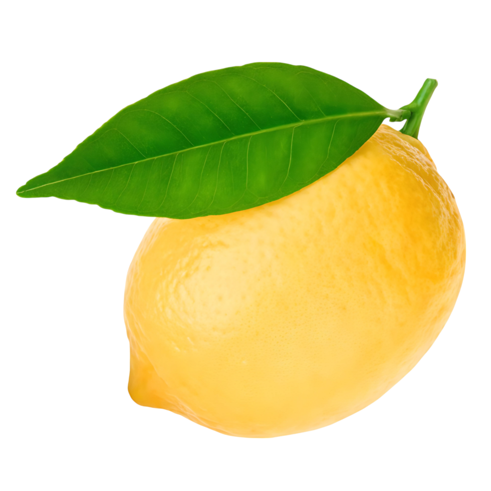 A Single Ripe Lemon with Green Leaf Isolated on transparent Background Fresh Citrus Fruit Healthy Food Ingredient Vitamin C Source Juicy Yellow png