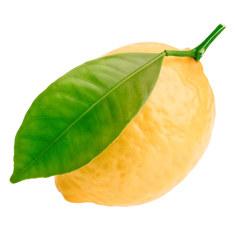 Single ripe lemon with green leaf isolated on transparent background fresh citrus fruit healthy food ingredient png