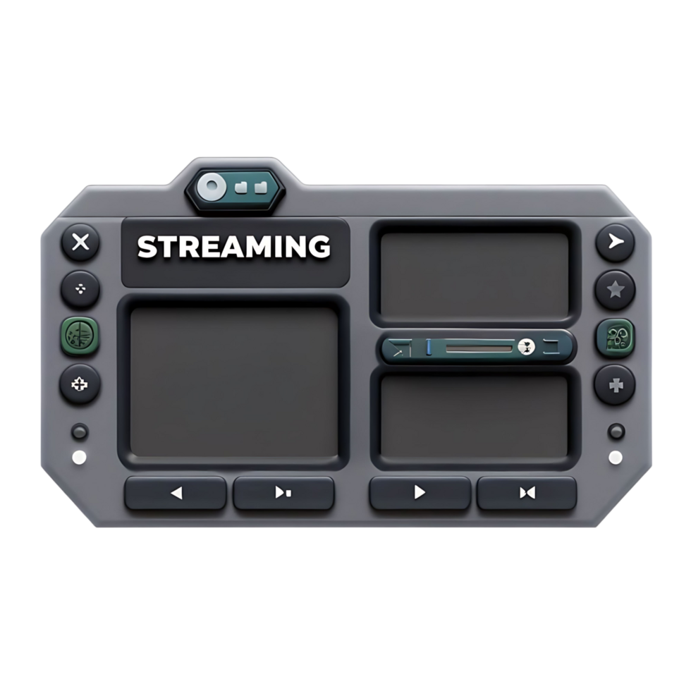 Futuristic Streaming Media Control Panel Interface Design with Multiple Screens and Buttons png