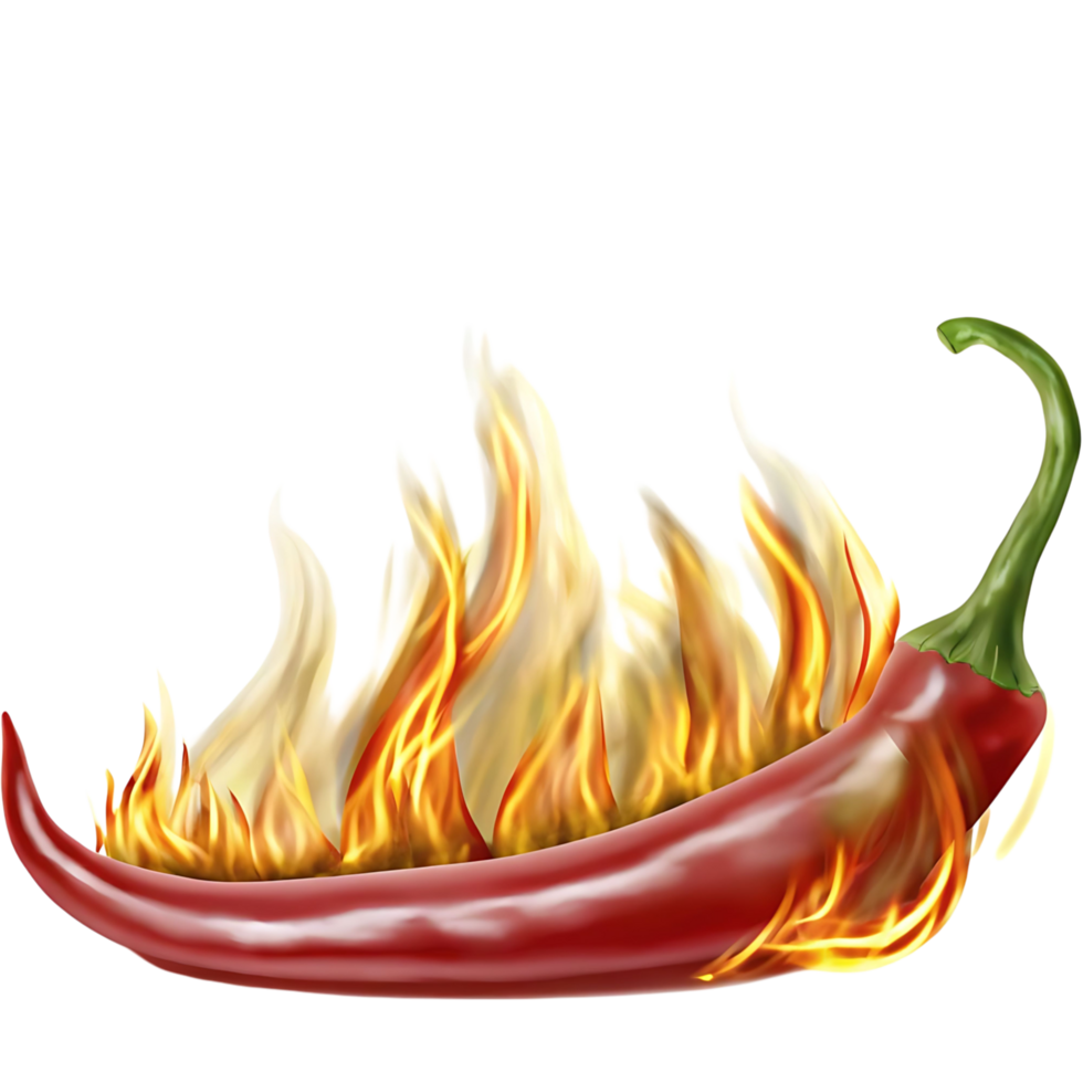 Fiery Red Chili Pepper Enveloped in Blazing Flames Spicy Hot Food Illustration png