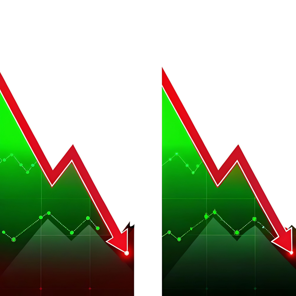 Sharp Decline in Market Trends Indicated by Two Red Arrows on Green Background Graph Showing Significant Financial Loss png