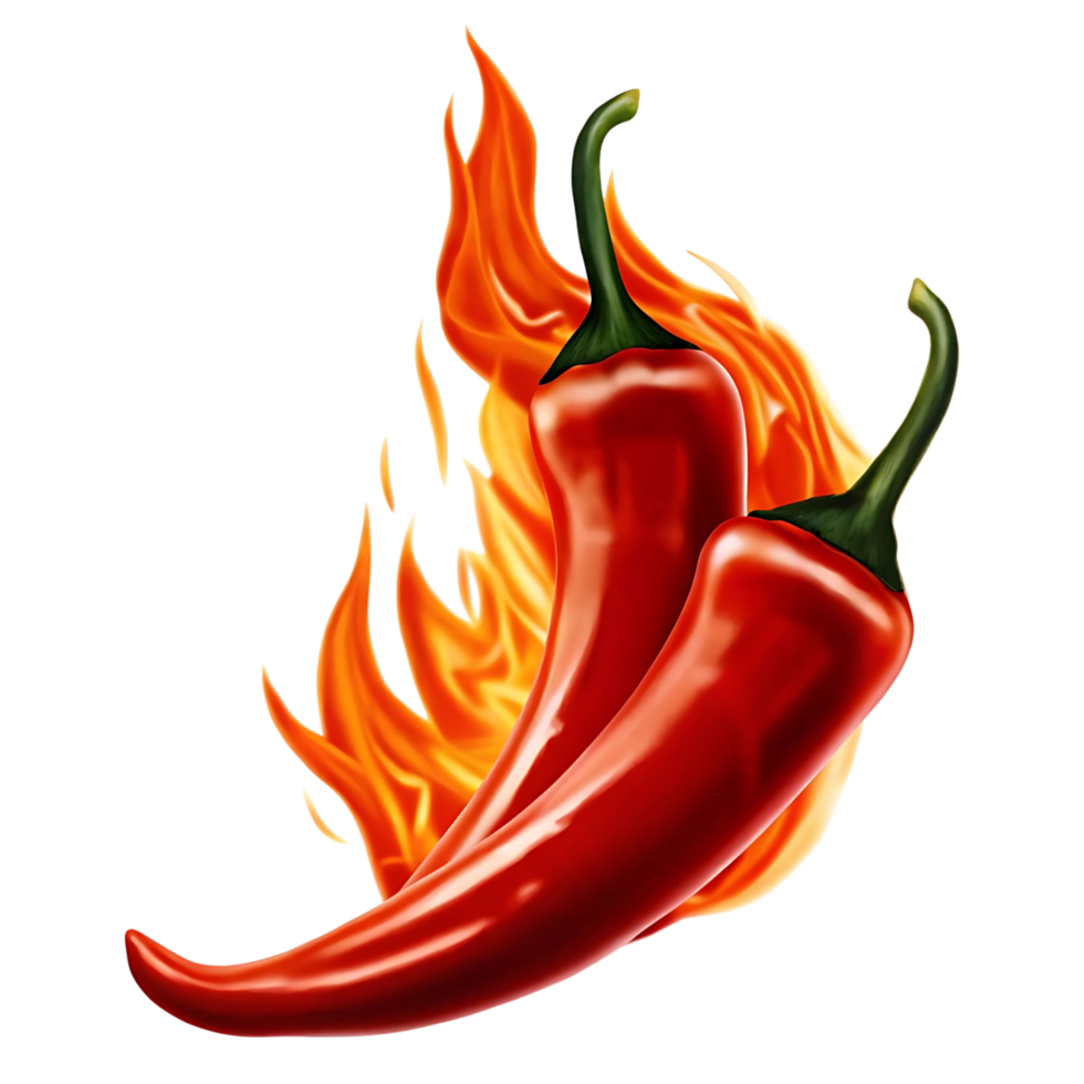 Two Red Hot Chili Peppers in Flames Spicy Food Illustration png