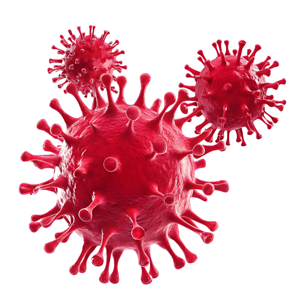 Microscopic View of Three Red Viruses a Detailed 3D Render of Infectious Agents png