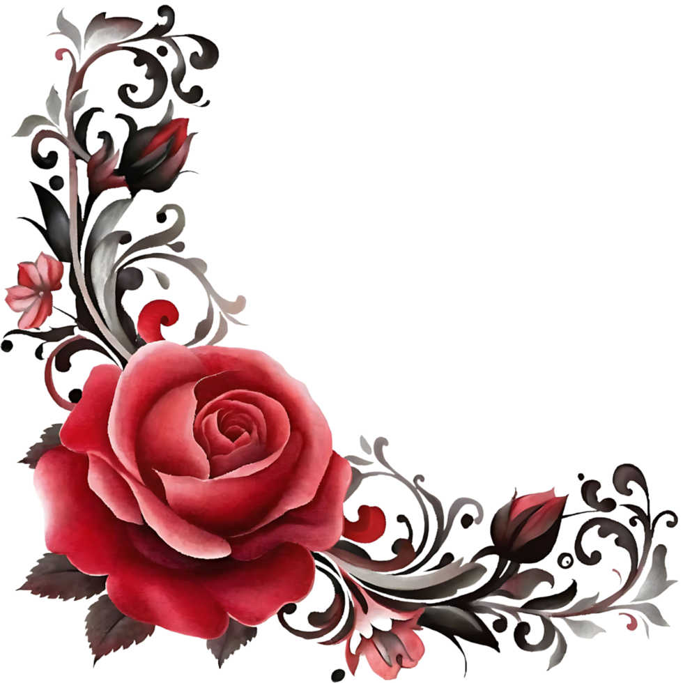 Elegant Watercolor Rose Corner Design with Intricate Floral Swirls and Dark Background png