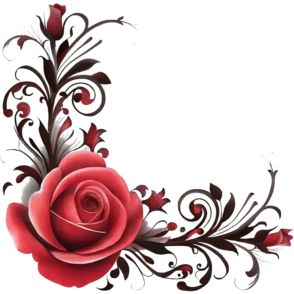 Elegant Red Rose Corner Design with Dark Swirling Floral Ornamentation png