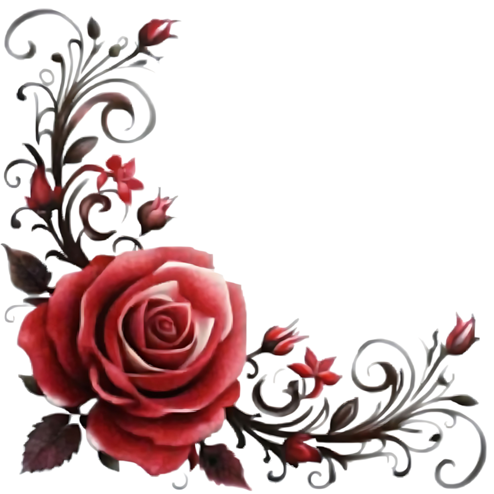 Dark Red Rose with Ornate Floral Corner Design Element png