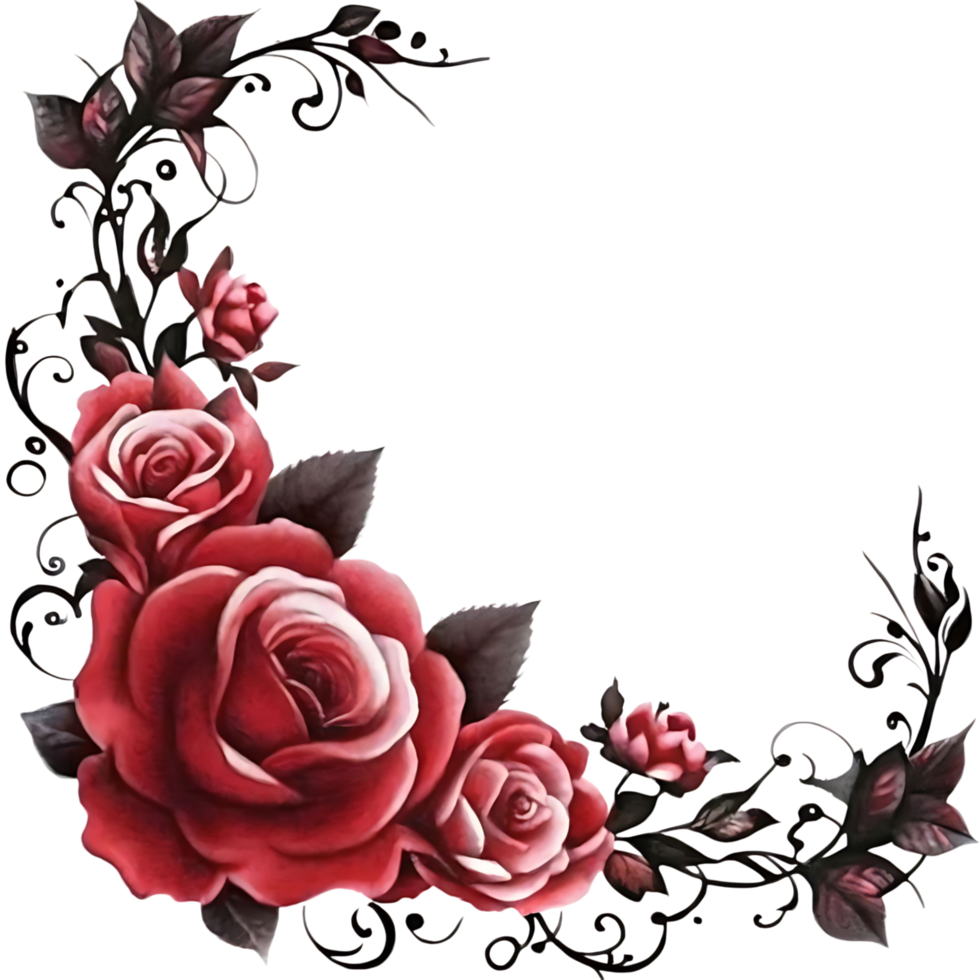 Dark Red Roses with Ornate Floral Design on transparent Background Romantic Gothic Botanical Illustration png