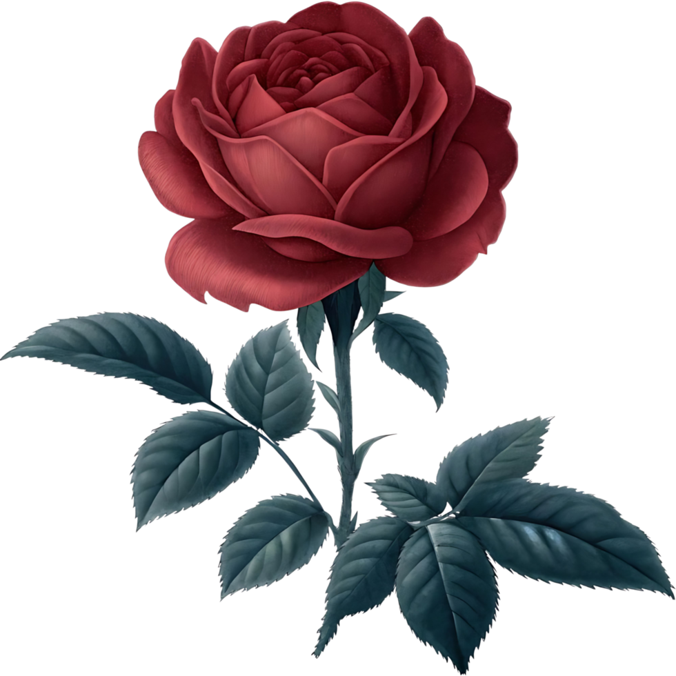 A Single Deep Red Rose with Teal Green Leaves Botanical Illustration png