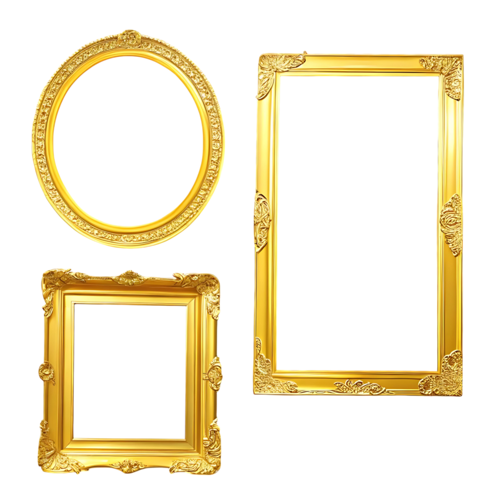 Three ornate gold picture frames isolated on transparent background png