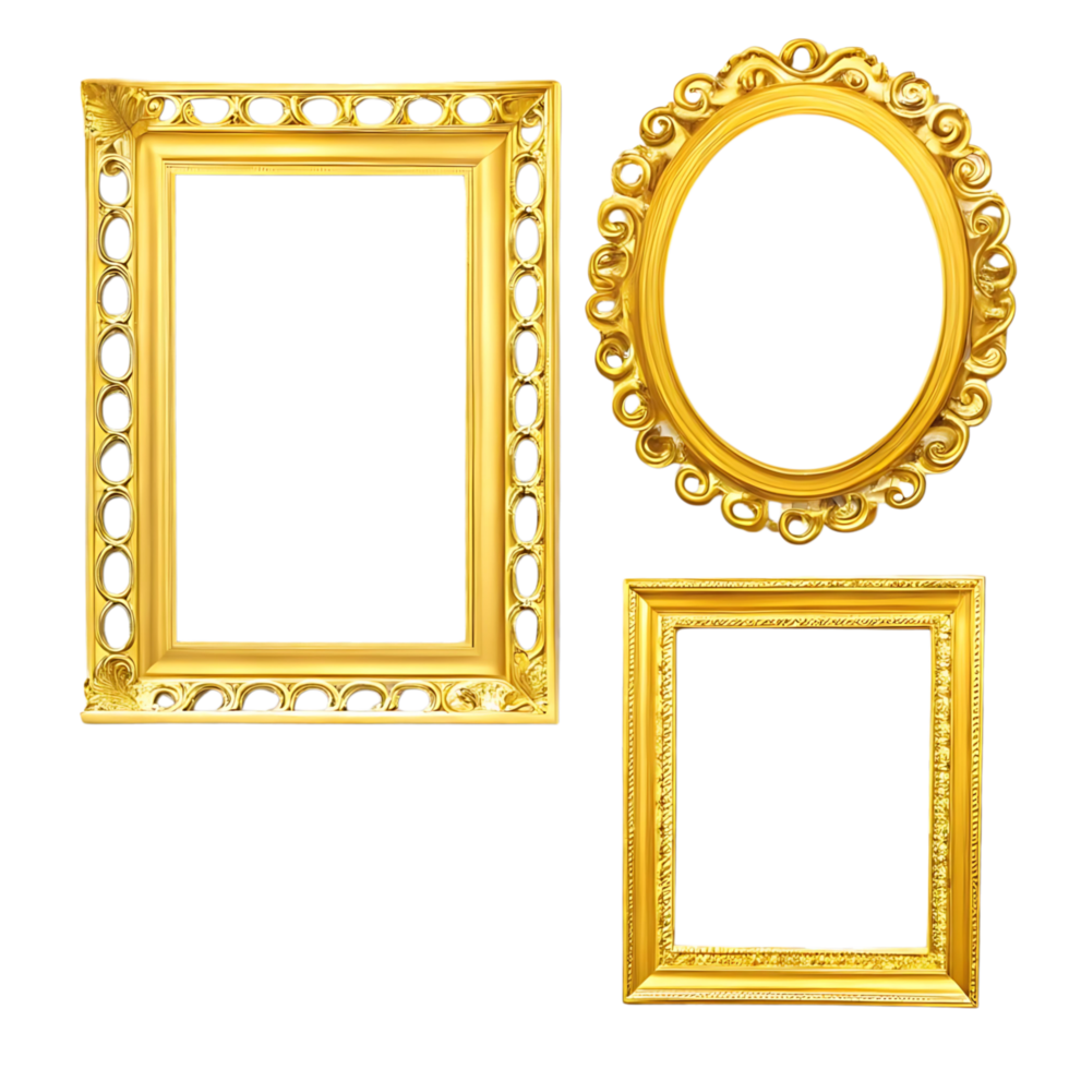 Collection of three ornate golden frames for artwork display png
