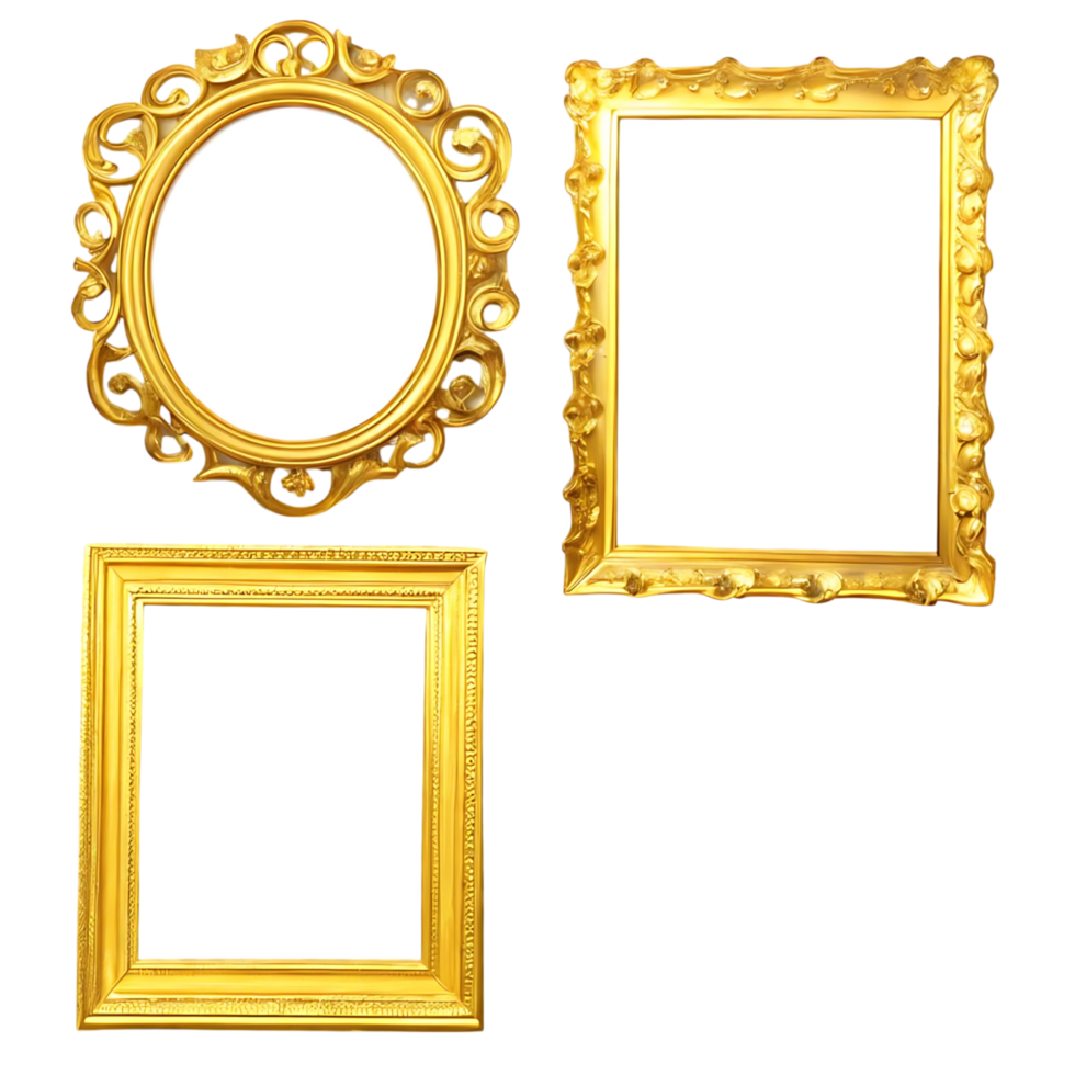 Three ornate gold picture frames isolated on transparent background for design element png
