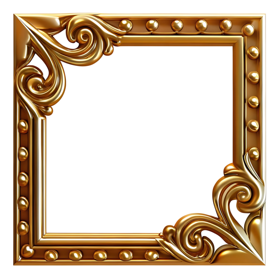Ornate Golden Frame with Intricate Scrollwork and Decorative Studs png