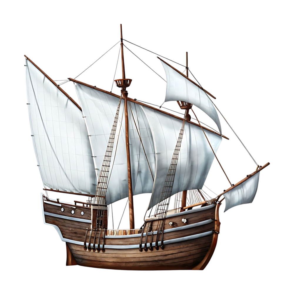 A wooden ship with white sails on a black background png