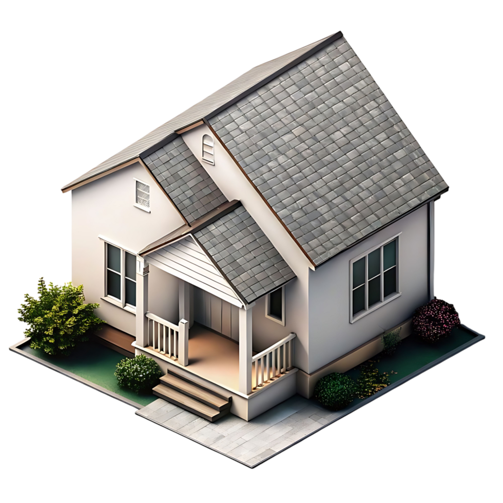 Isometric View of a Charming Suburban House with Gray Roof and White Walls png