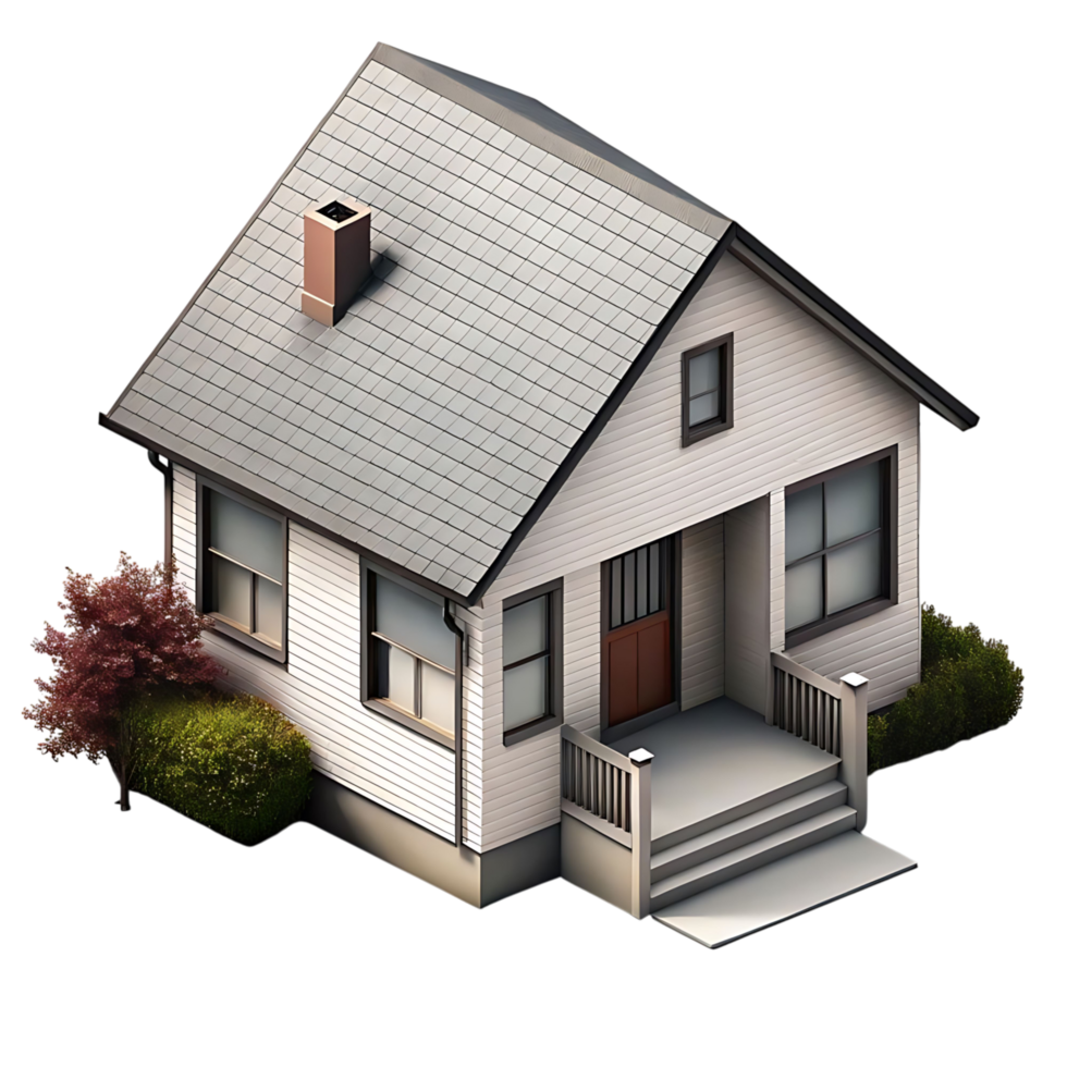 Charming Suburban House Exterior 3D Render Isometric View with Landscaping png