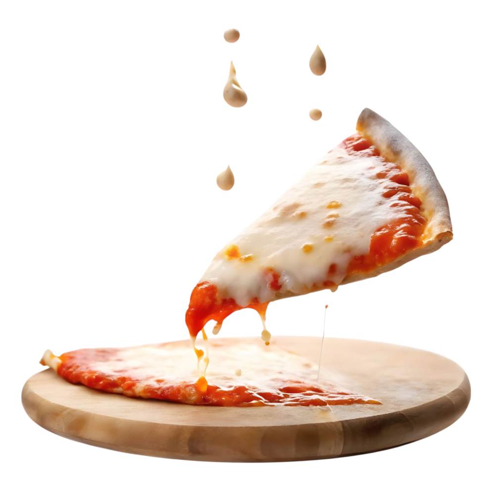 Delicious Pizza Slice with Melted Cheese and Tomato Sauce Dripping onto Wooden Board png