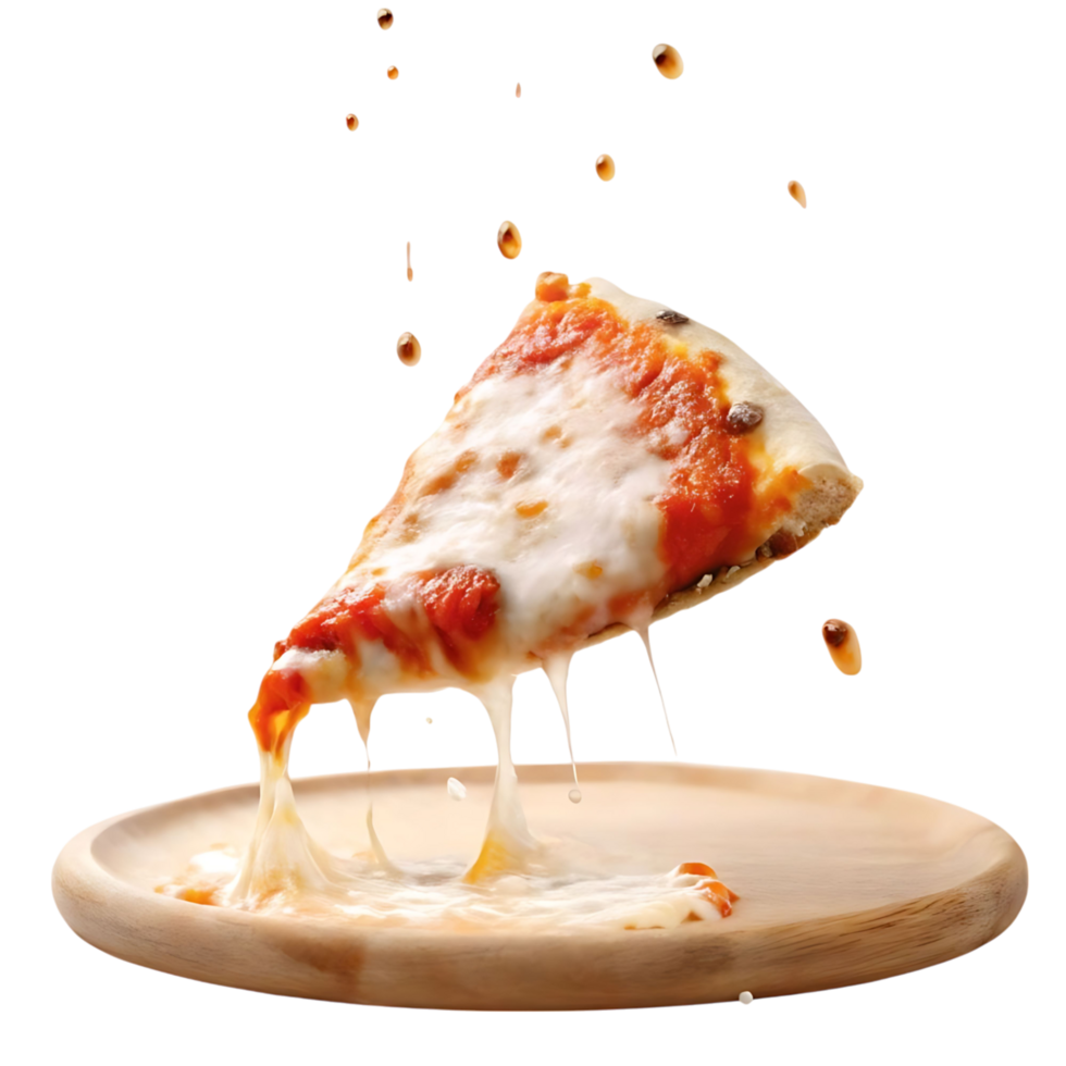 Delicious Pizza Slice with Melted Cheese Dripping onto Wooden Plate Isolated on transparent Background Food Photography png