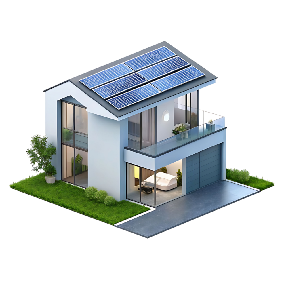 Modern two story house with solar panels on roof and attached garage png